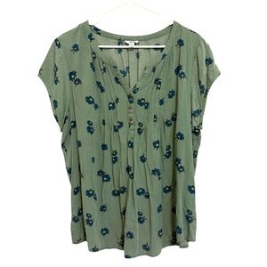 2/$15 Sonoma - Green Floral Short Sleeve Blouse V-Neck Button Front Size XL